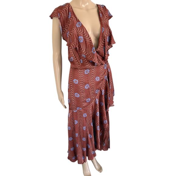 Anthropologie Ruffle Wrap Midi Dress Deep V Floral Boho Cottagecore Flowy Satin - Picture 3 of 9